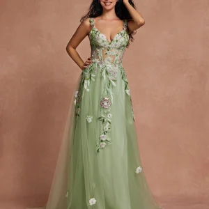 Robe de bal longue en tulle à paillettes spaghetti vertes et appliques