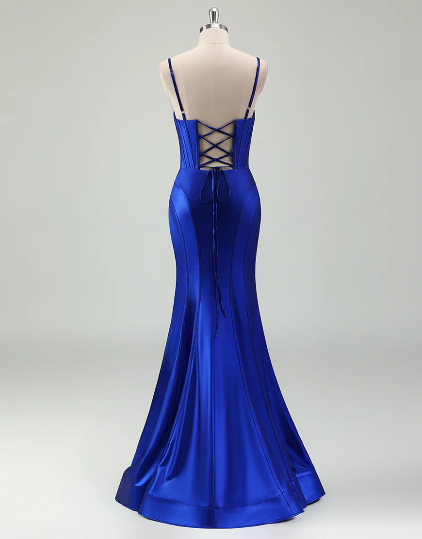 Robe de bal longue fendue en spaghettis avec queue de sirène bleu royal – Image 3