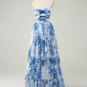 Robe de bal trapèze en tulle à imprimé fleuri bleu et blanc