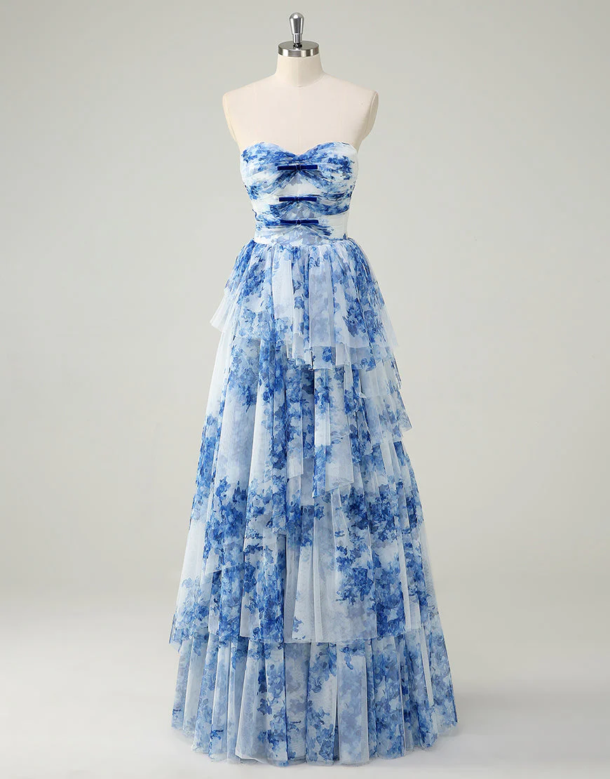 Robe de bal trapèze en tulle à imprimé fleuri bleu et blanc