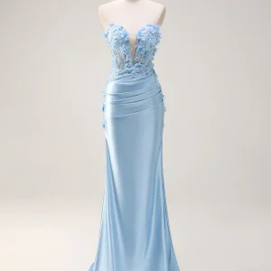 Robe de bal sirène bleu ciel à fleurs 3D avec décolleté en cœur et perles froncées