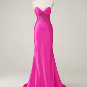 Robe de bal sirène fuchsia à décolleté en cœur et à fronces en cristal