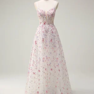 Robe de bal trapèze en tulle spaghetti à fleurs et sequins roses