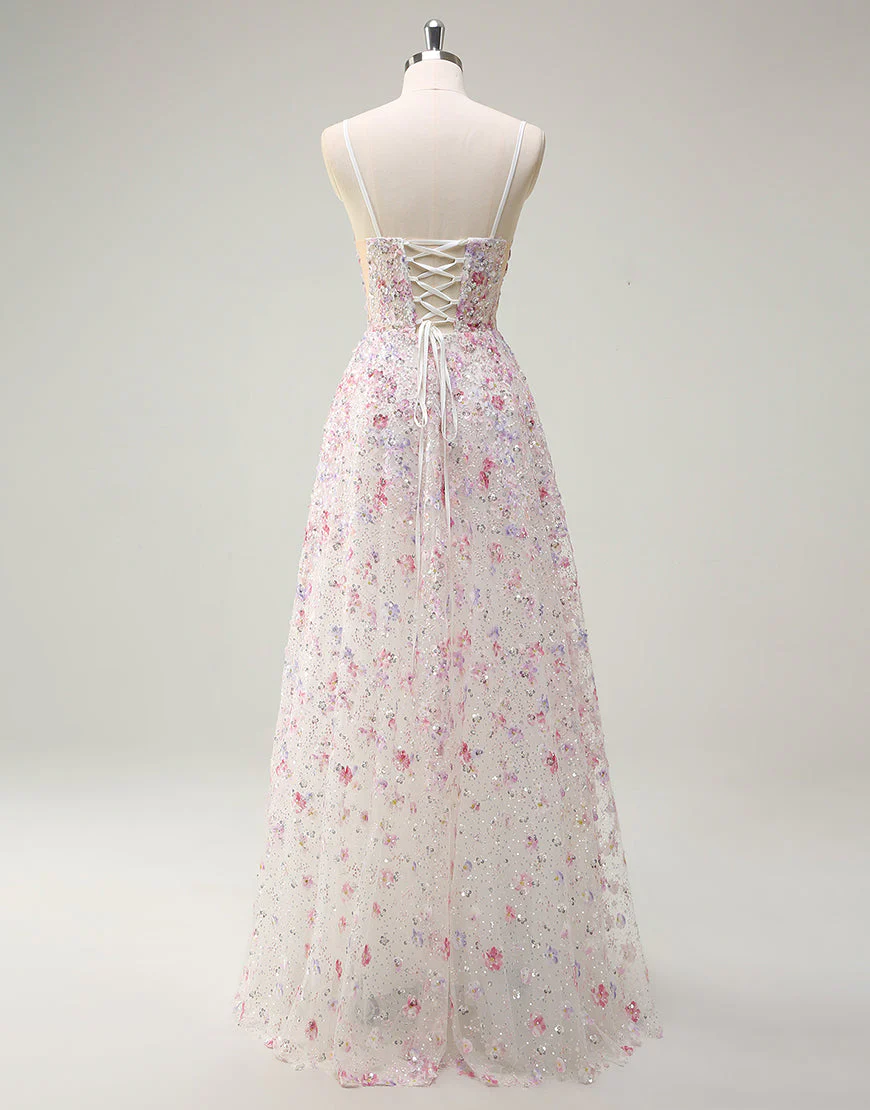 Robe de bal trapèze en tulle spaghetti à fleurs et sequins roses – Image 3