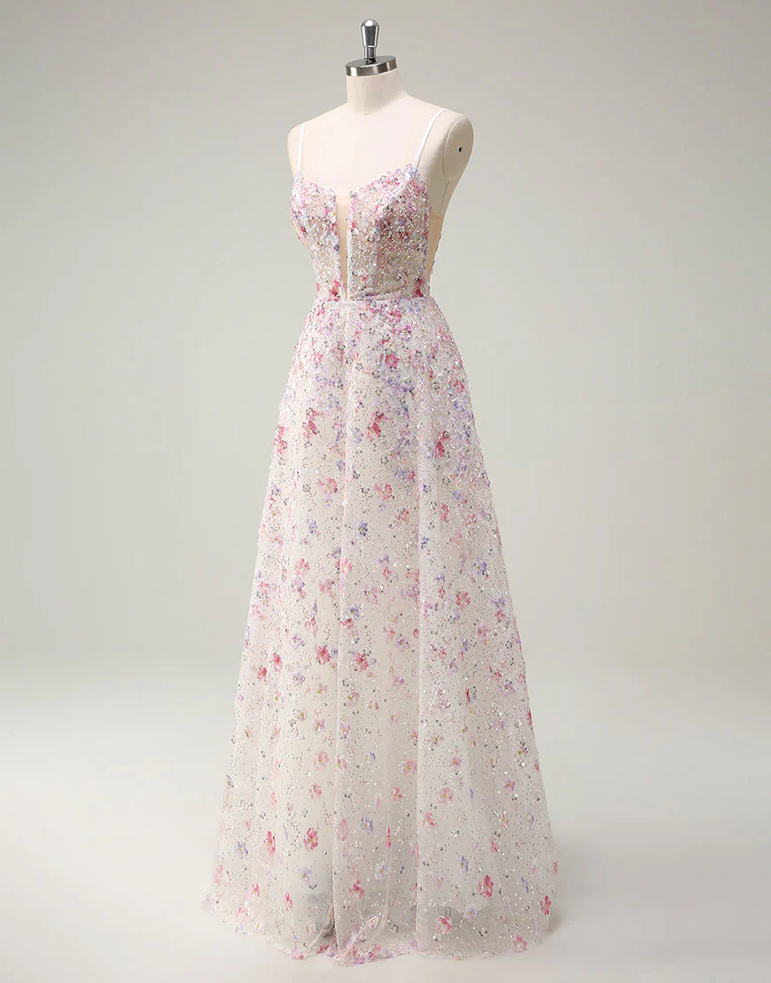 Robe de bal trapèze en tulle spaghetti à fleurs et sequins roses – Image 4
