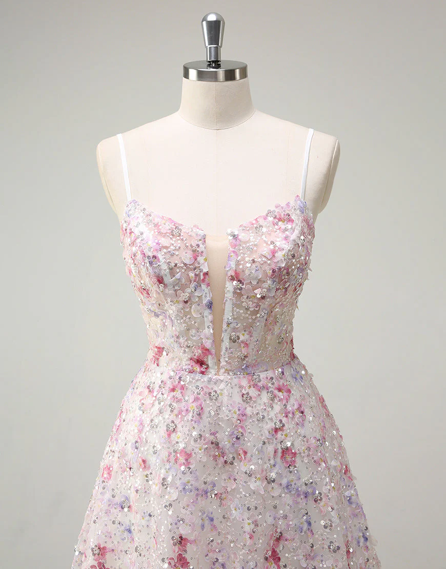 Robe de bal trapèze en tulle spaghetti à fleurs et sequins roses – Image 5