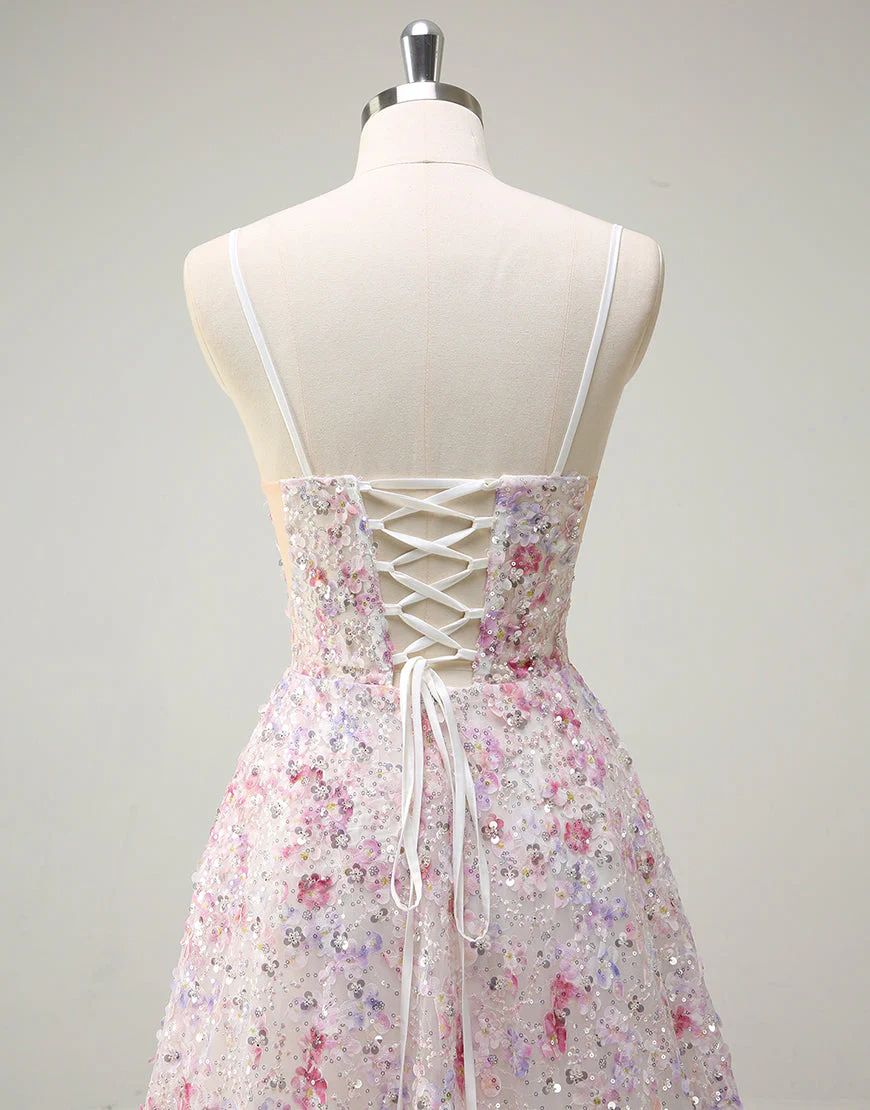 Robe de bal trapèze en tulle spaghetti à fleurs et sequins roses – Image 6