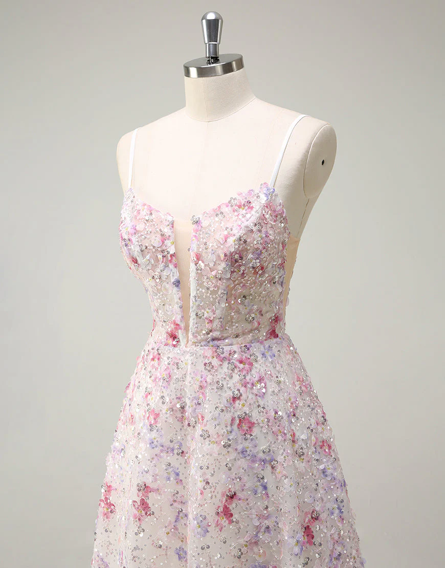 Robe de bal trapèze en tulle spaghetti à fleurs et sequins roses – Image 7