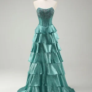 Robe de bal chic à volants et col bateau vert paon