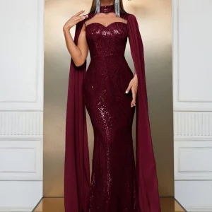 Robe de Soirée Élégante à Bretelles Fittée en Forme de Queue de Poisson avec Cape