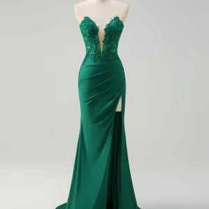 Robe de bal Green Sheath avec col en V sweetheart et application décorative
