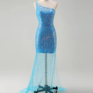 Robe de bal en mousseline avec une bandelette sur l'épaule, une traîne et une couleur bleue