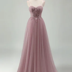 Robe de bal en tulle de spaghetti en forme de ligne A au taro, avec lacets au dos