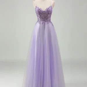 Robe de bal en tulle avec applique en spaghettis en forme de A violet