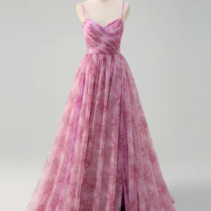 Robe de bal en tulle spaghetti en forme de A couleur violet rose