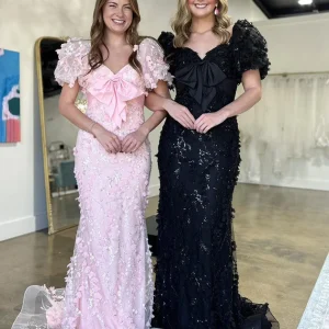 Robe de bal sirène à manches bouffantes scintillantes avec appliques de fleurs 3D