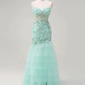 Robe de bal sirène verte en tulle à fleurs 3D avec volants en cascade