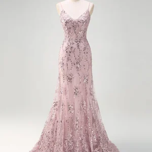Robe de bal sirène en tulle à sequins et spaghetti gris et rose