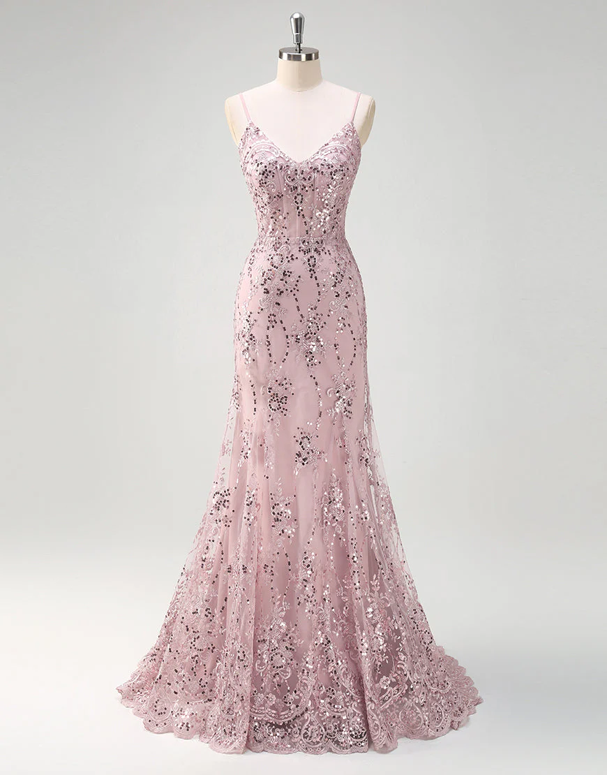 Robe de bal sirène en tulle à sequins et spaghetti gris et rose