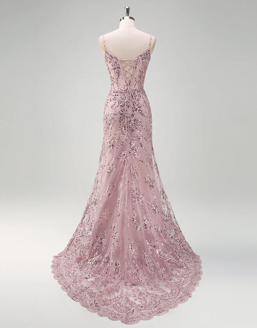 Robe de bal sirène en tulle à sequins et spaghetti gris et rose – Image 3