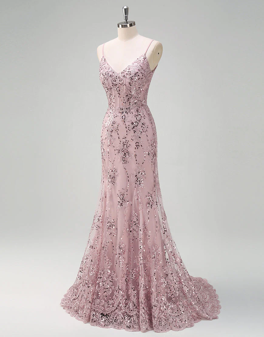Robe de bal sirène en tulle à sequins et spaghetti gris et rose – Image 4