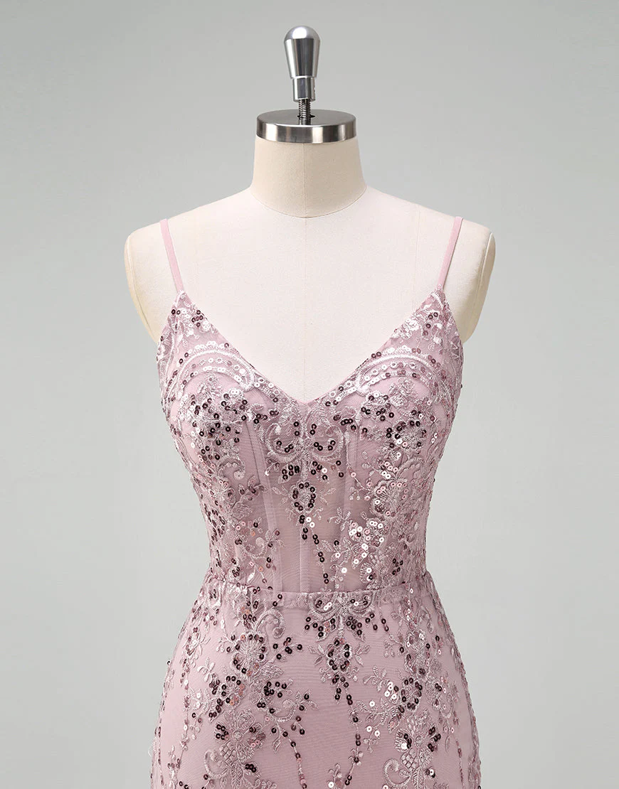 Robe de bal sirène en tulle à sequins et spaghetti gris et rose – Image 5