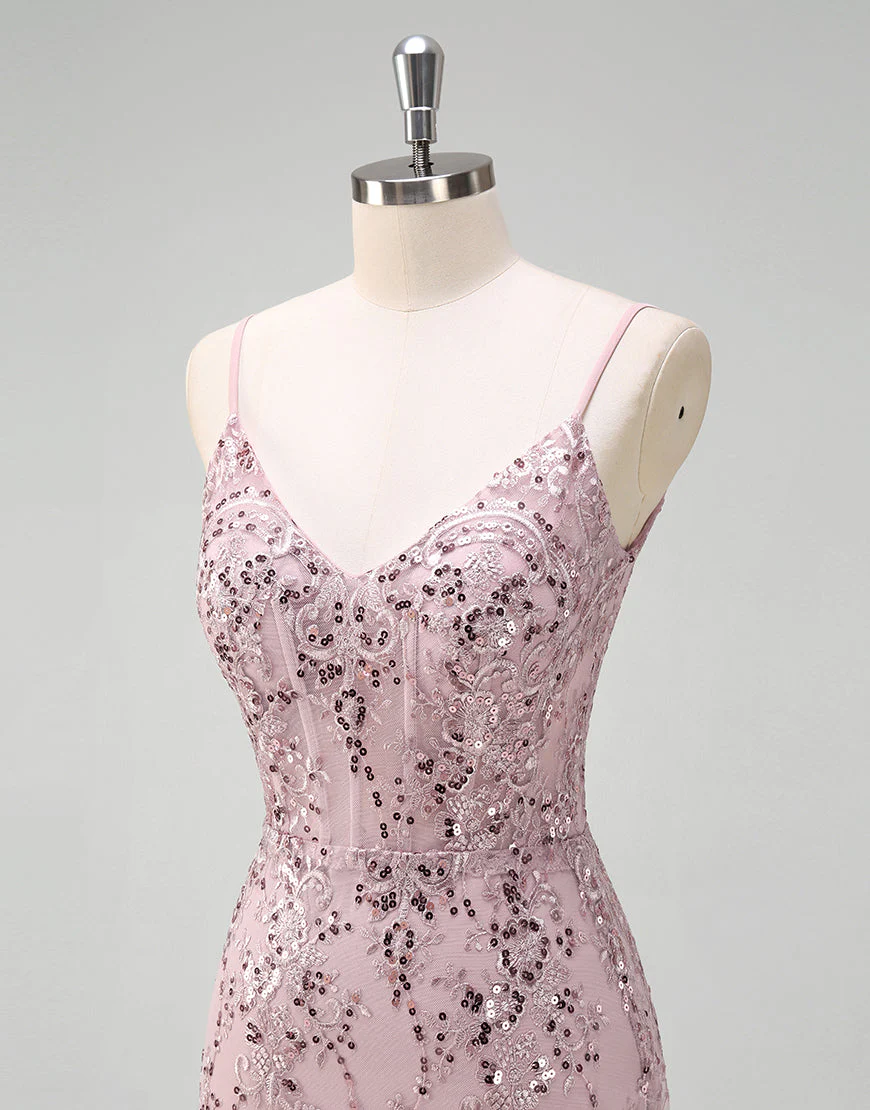Robe de bal sirène en tulle à sequins et spaghetti gris et rose – Image 6