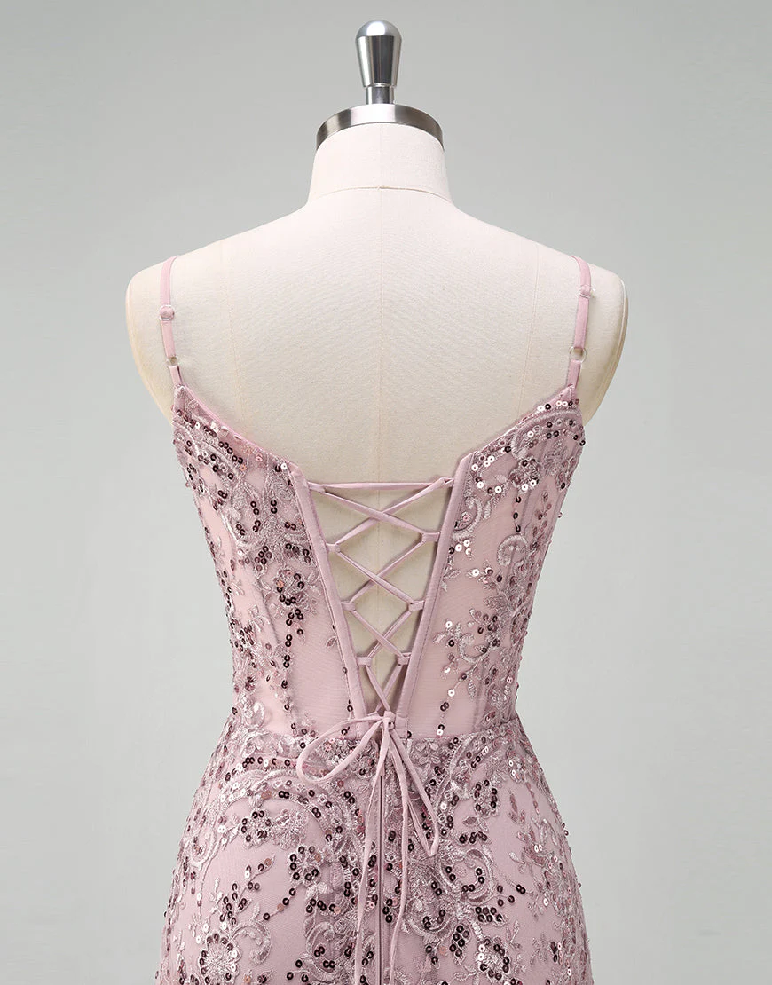 Robe de bal sirène en tulle à sequins et spaghetti gris et rose – Image 7