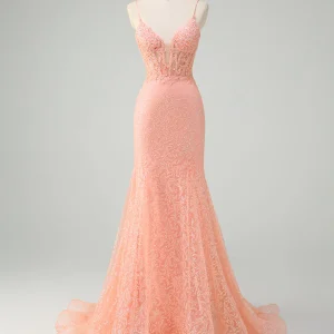 Robe de bal sirène orange à fines bretelles et appliques en cristal