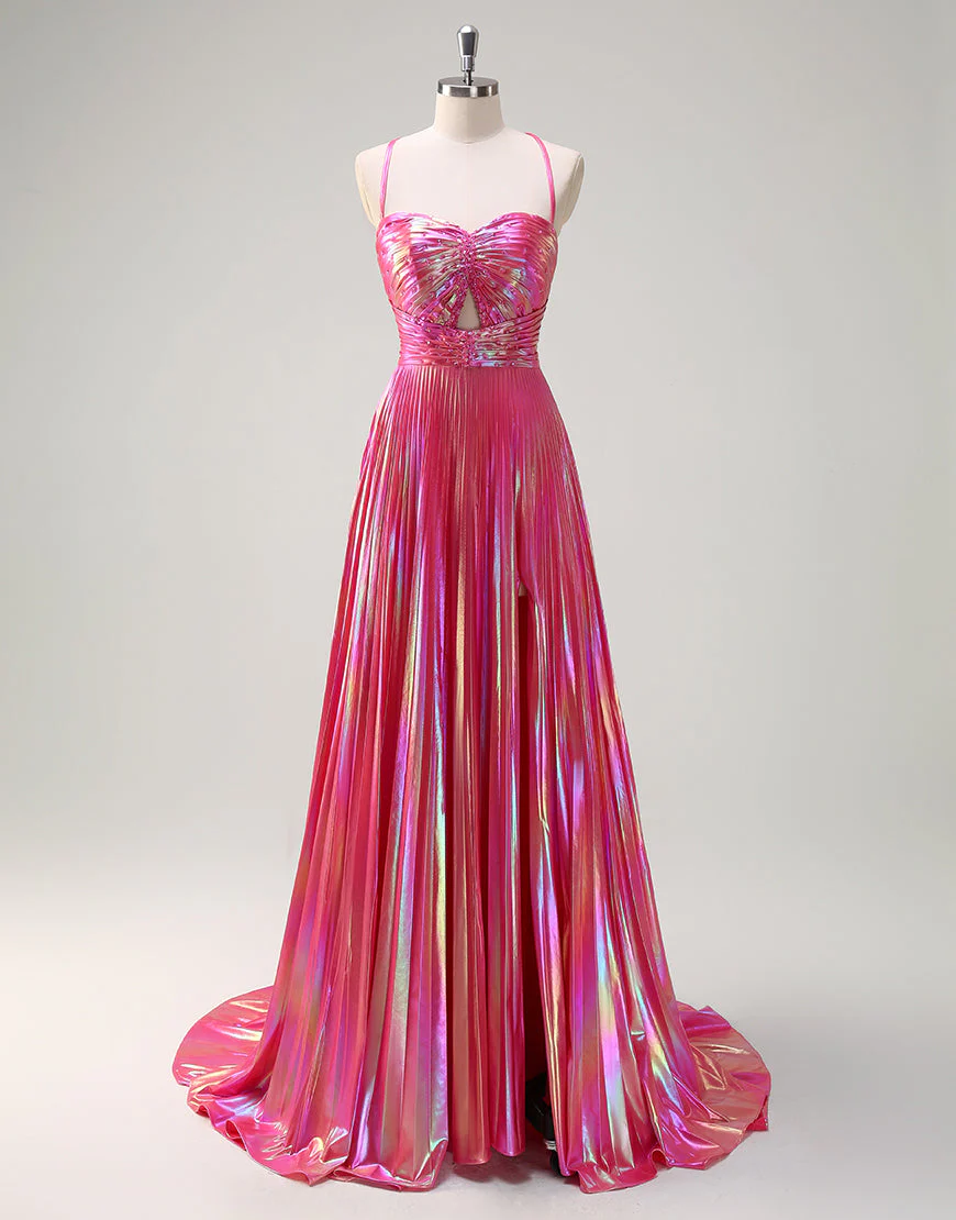 Robe de bal fuchsia à fines bretelles et traîne – Image 7