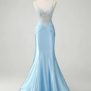 Robe de bal sirène chic à fines bretelles et traîne