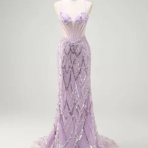 Robe de bal sirène à sequins lilas tendance avec traîne à balayage