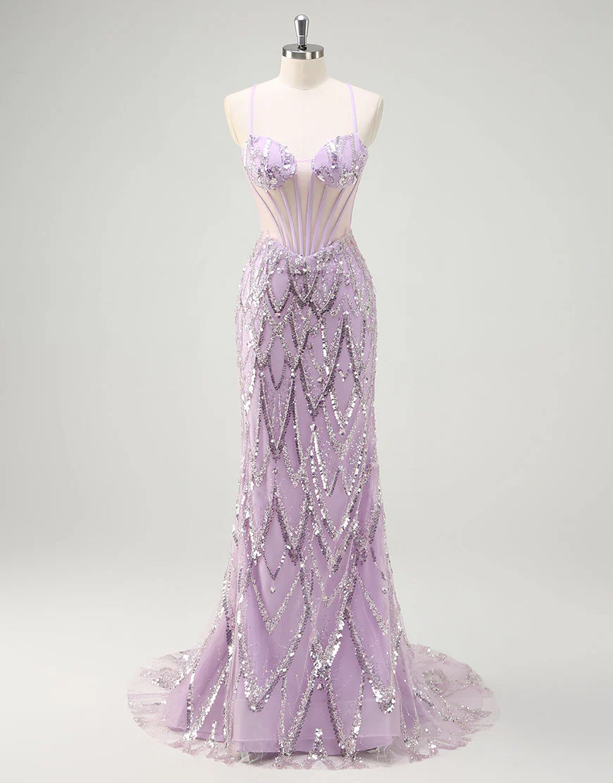 Robe de bal sirène à sequins lilas tendance avec traîne à balayage