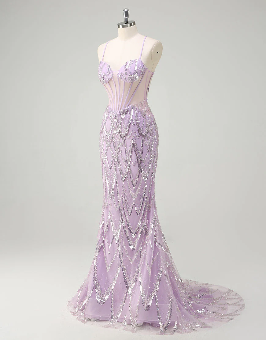 Robe de bal sirène à sequins lilas tendance avec traîne à balayage – Image 4