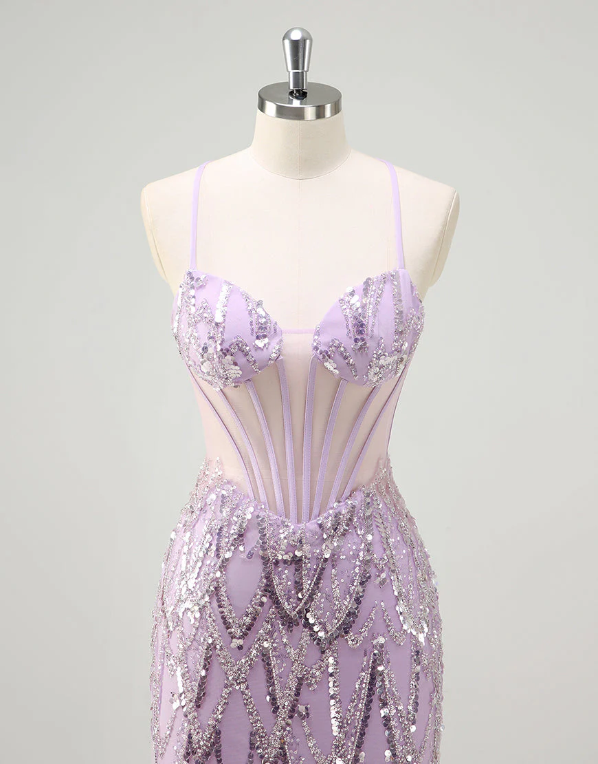 Robe de bal sirène à sequins lilas tendance avec traîne à balayage – Image 5
