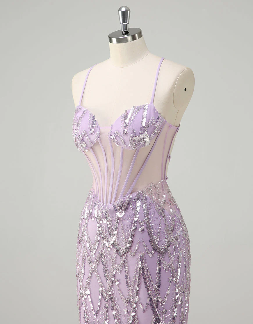 Robe de bal sirène à sequins lilas tendance avec traîne à balayage – Image 6