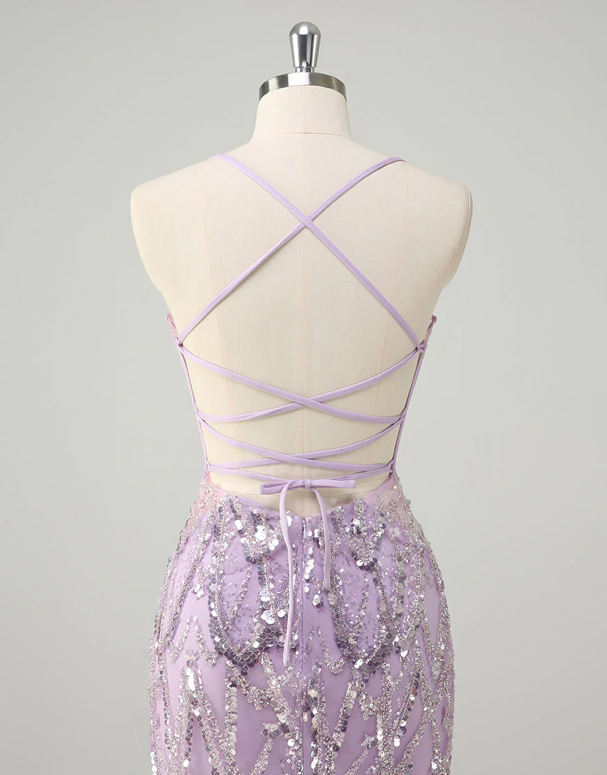 Robe de bal sirène à sequins lilas tendance avec traîne à balayage – Image 7