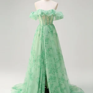 Robe de bal en tulle sans bretelles à imprimé vert coupe A