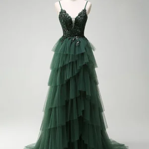 Robe de bal longue à bretelles spaghetti vert foncé en tulle de princesse