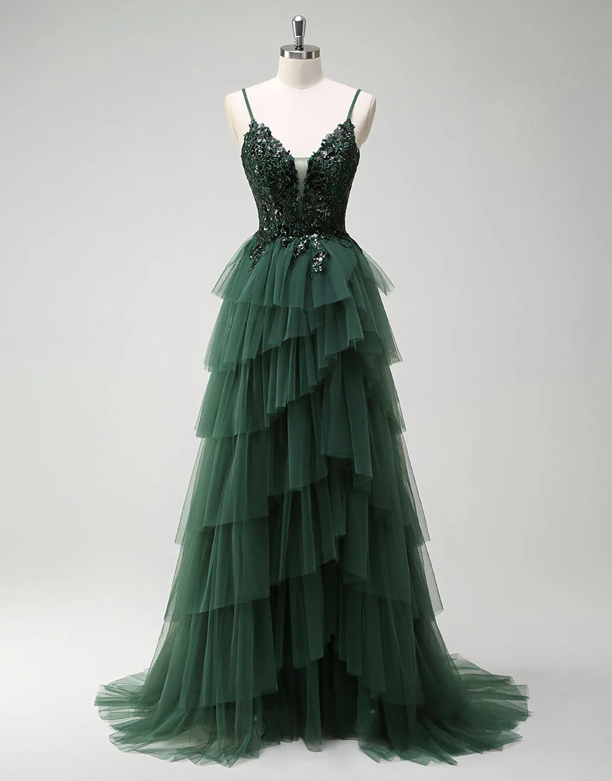 Robe de bal longue à bretelles spaghetti vert foncé en tulle de princesse – Image 2