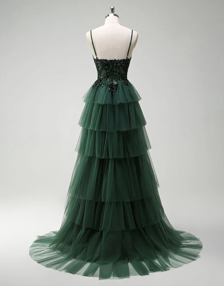 Robe de bal longue à bretelles spaghetti vert foncé en tulle de princesse – Image 3