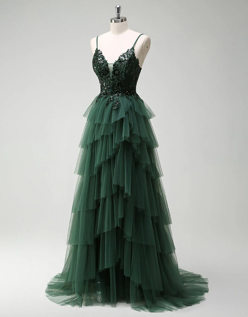 Robe de bal longue à bretelles spaghetti vert foncé en tulle de princesse – Image 4