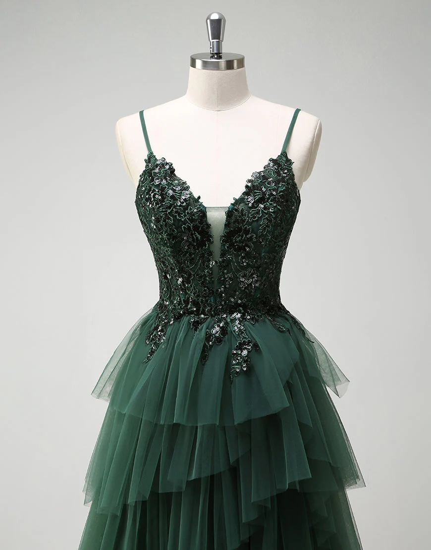 Robe de bal longue à bretelles spaghetti vert foncé en tulle de princesse – Image 5