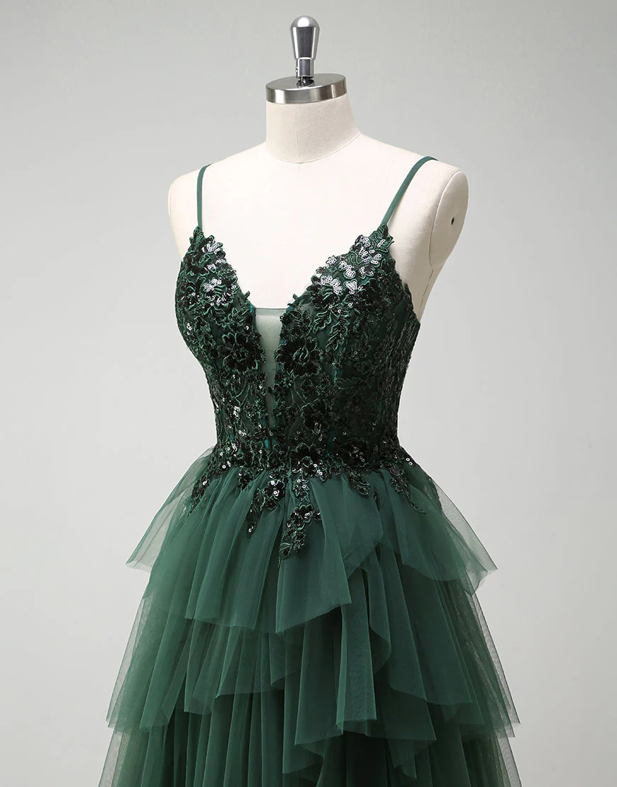 Robe de bal longue à bretelles spaghetti vert foncé en tulle de princesse – Image 6