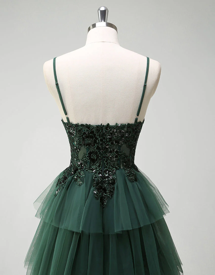 Robe de bal longue à bretelles spaghetti vert foncé en tulle de princesse – Image 7