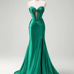 Robe de bal sirène vert foncé à décolleté en cœur ajouré avec fente