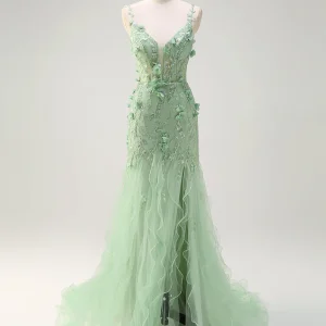 Robe de bal sirène en tulle à fleurs 3D avec fente