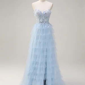Robe de bal en tulle à volants et fines bretelles avec motif floral 3D