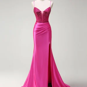 Fuchsia Mermaid Spaghetti Crystal Ruched Prom Dress with Slit