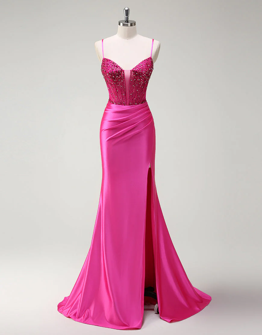 Fuchsia Mermaid Spaghetti Crystal Ruched Prom Dress with Slit – Image 2